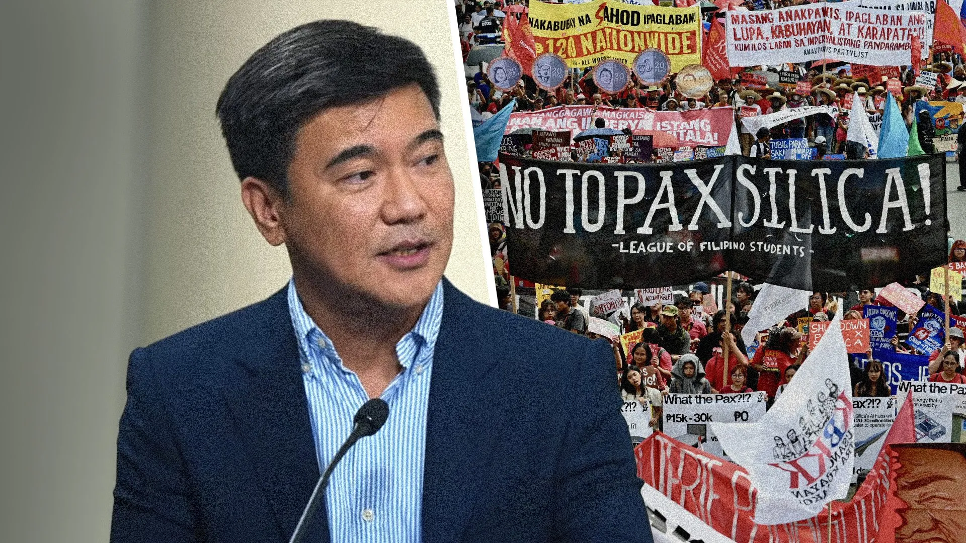 Pax Silica project opposition rally with activists holding signs in New Clark City