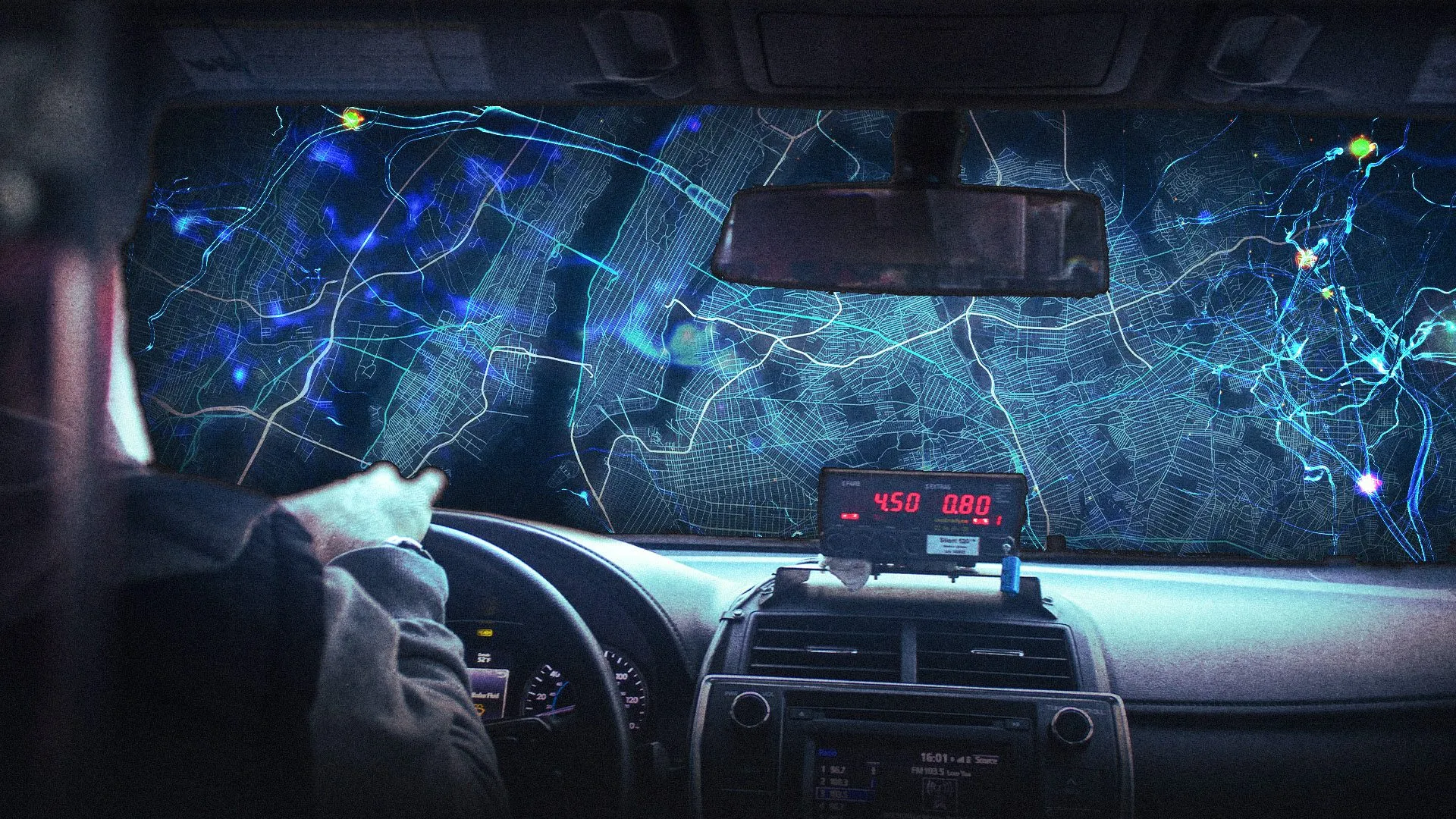 Taxi driver navigating city streets with brain hippocampus diagram overlay